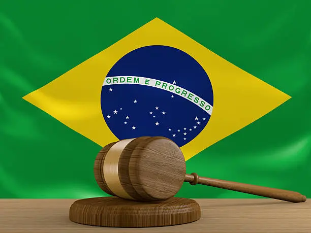 Uma ilustração do edifício do Supremo Tribunal Federal com a bandeira do Brasil ao fundo.